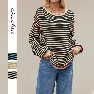 Striped Knit Top with O Neck Pullover Loose Long Sleeved Women's Sweater