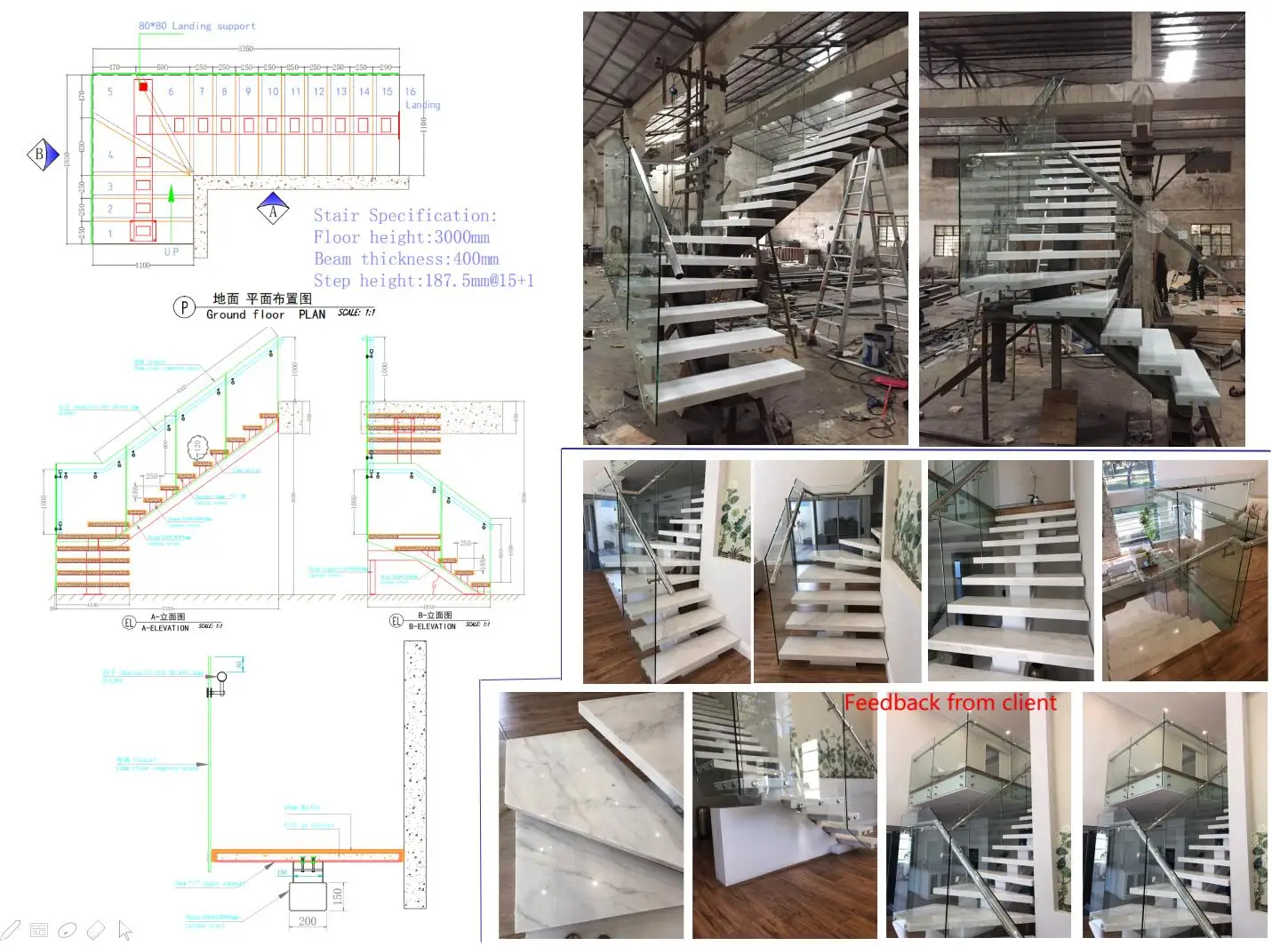 modern indoor standoff glass railing straight stairs with beech wood factory