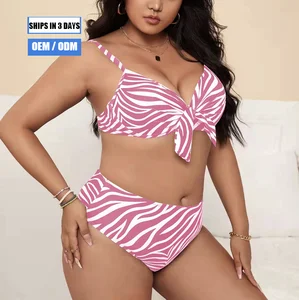 Stock of Sexy Plus-size Striped High-waisted Two-piece Printed Bikini Swimsuits in 3 Colors, Size 4XL