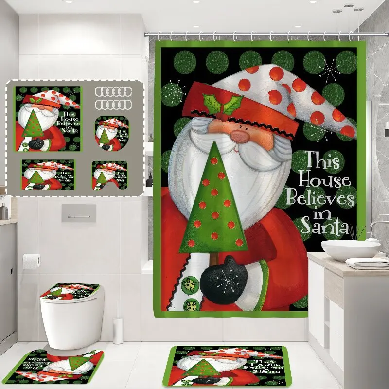 Polyester 3d Digital Printing 4 Pieces  Roll up Snowflake Christmas Shower Curtain Sets for Bathroom