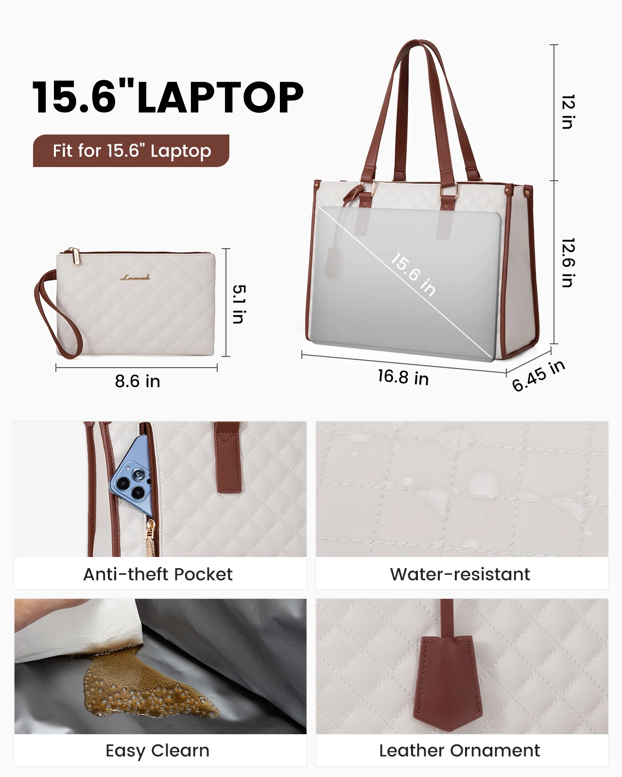 LOVEVOOK Quilted Large Capacity 15.6 Inch Work Business Laptop Bag With Insulated Lunch Compartment Lunch Tote Bag for Women