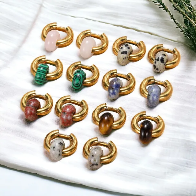 Jewelry Womens Fashion Accessories Hoop Earrings Minimalist Non Tarnish Stainless Steel Stone Donut Natural Gemstone Bead Gold