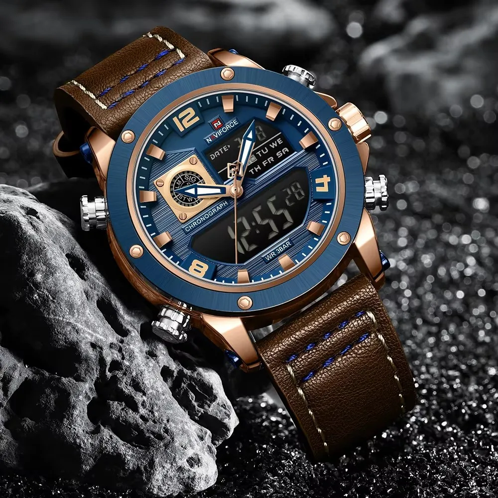 NAVIFORCE 9236 NF9236 marca de moda relojes de hombre correa de cuero  impermeable de doble pantalla reloj de cuarzo multifuncional para hombres