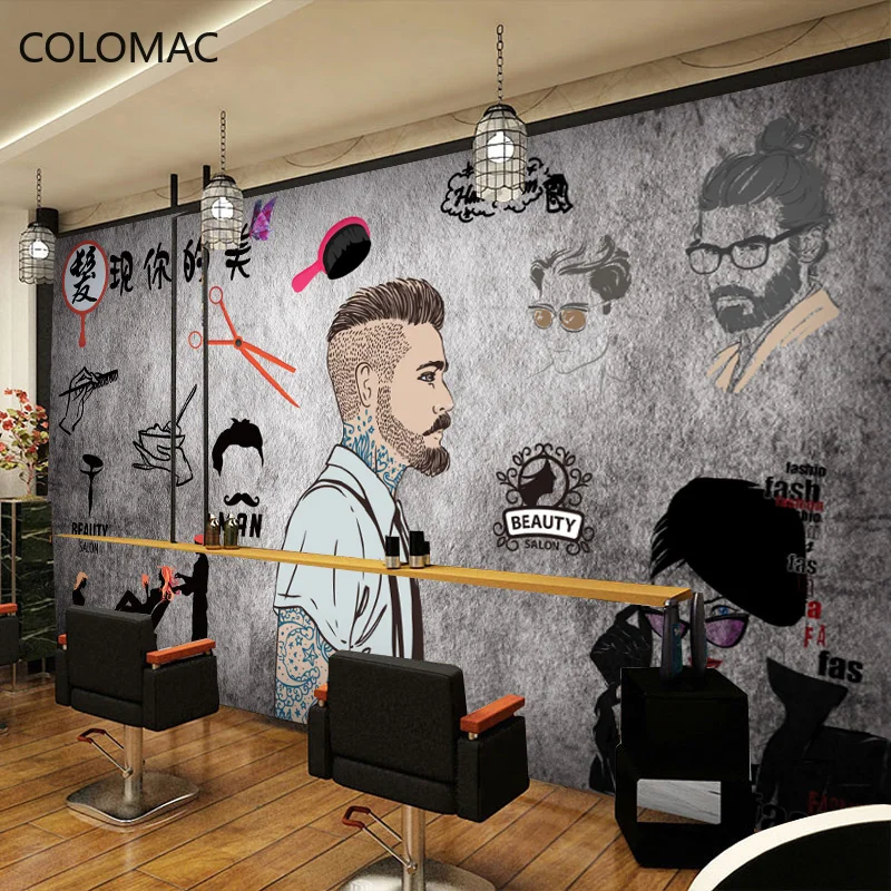 Papier Peint 3D Mur De Fond De Salon De Coiffure À Gratter Nostalgique  Rétro-250Cmx175Cm