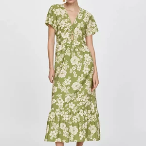 Lady Summer Style Short Sleeve Midi Dress With Cut-Out Casual Slim Custom Designed Clothing Floral Printed Dresses Women