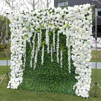 High Quality Cloth Bottom Simulation Roll up Flower Wall Backdrop Color High Density Wedding Rose Morning Flower Wall