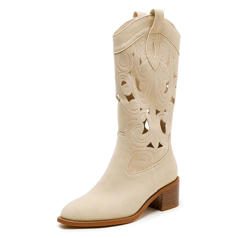 Ladies Wood Low Heels Suede Hollowed Out Sandals Boots Embroidered Ankle Women Mid-calf Western Cowboy Boots - Image 1