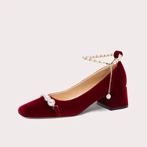 New Style Square Suede Shoes Comfortable Elastic Band Beaded Sandals Fashion Wedding Party Dress Shoes