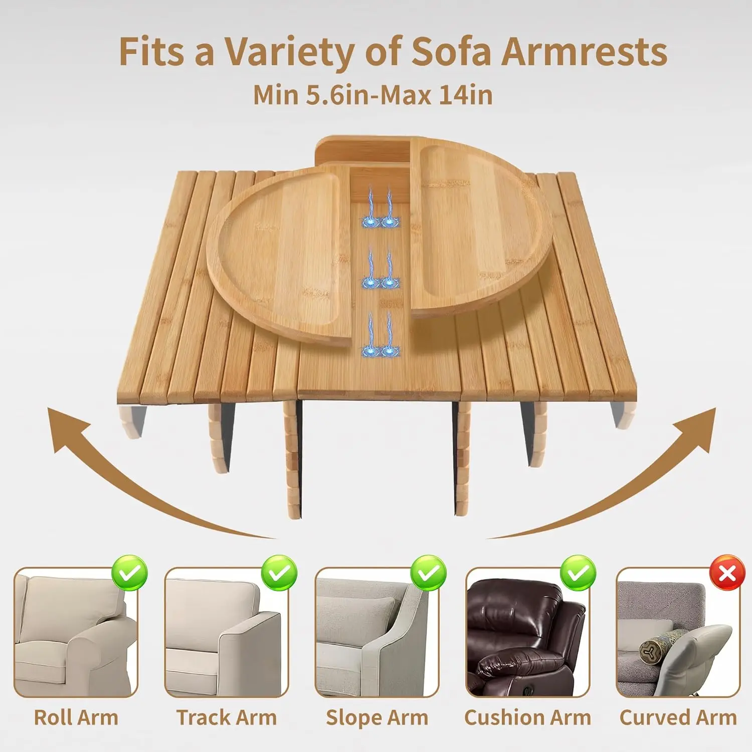 product bamboo sofa armrest tray foldable couch arm table 2 in 1 magnetic rotating couch side tray  sofa arm snack drink tray anti slip-7