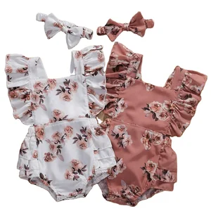 2021 Hot Selling Summer Clothing Infant Newborn Kids Girl Floral Romper Sleeveless Ruffled Baby Jumpsuits With Headband
