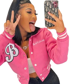 2022 Fall pink embroidered letter womens short bomber jacket bubble jackets baseball jackets