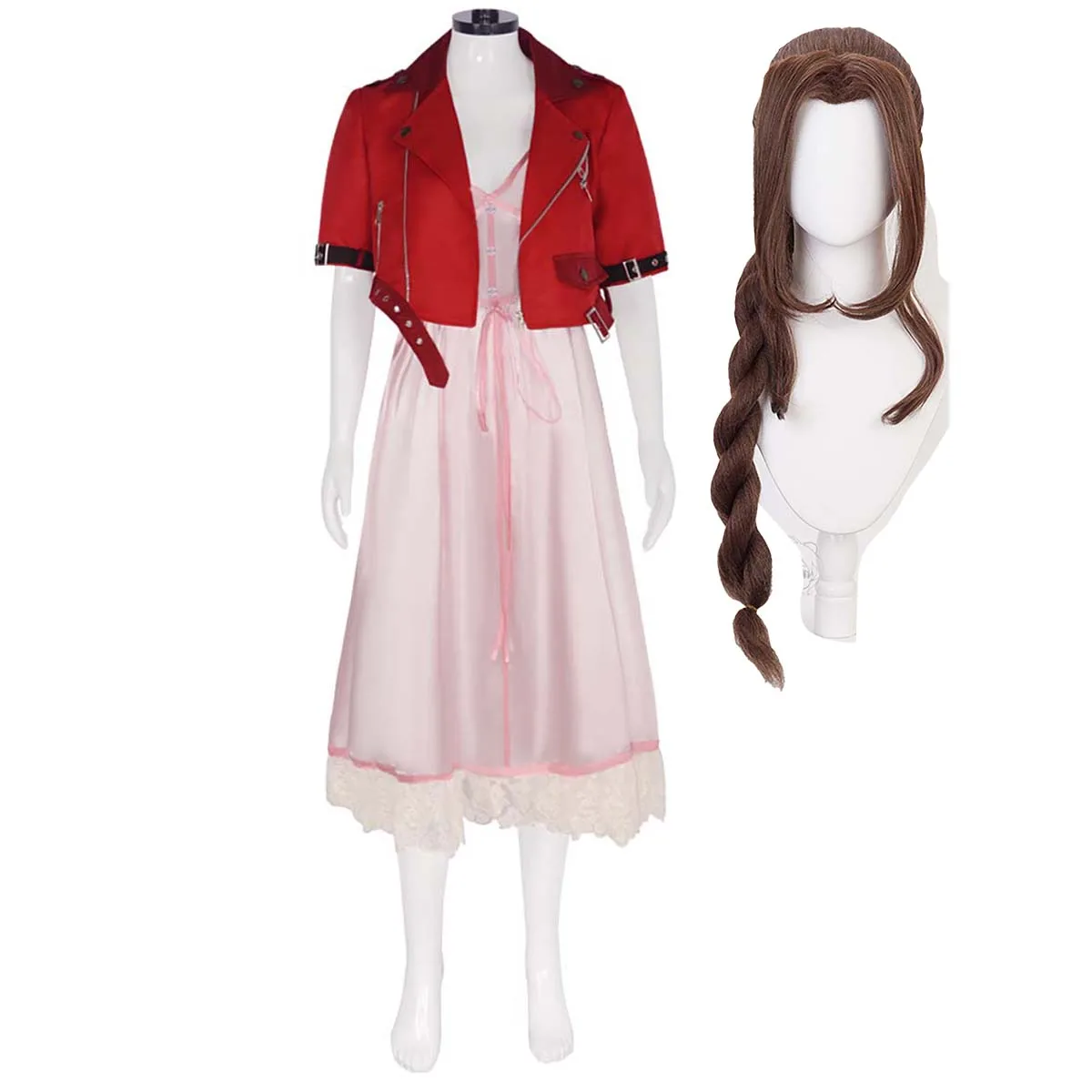 Women Game Final Fantasy Aerith Gainsborough Red Coat Pink Dress Costume  GAHC-046