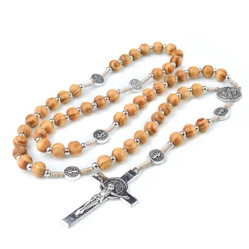 Saint Benedict Religious Rosary 7x8mm Wood Beads Cross Necklace Catholic Rosaries