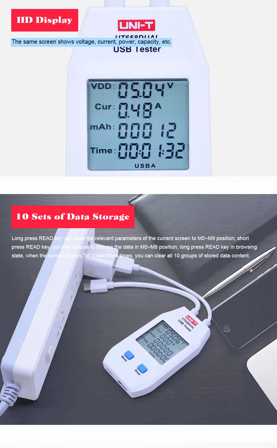 UNI-T UT658 Dual USB Tester Charger for Mobile Phones Type A/C Interface 6-24V DC Voltage Range Fast Charge Phone Fixing TOOLS