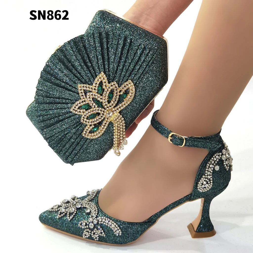 Wholesales Women Shoes With Matching Clutch Bag In Green Rhinestones Bridal Shoes & Clutch For
