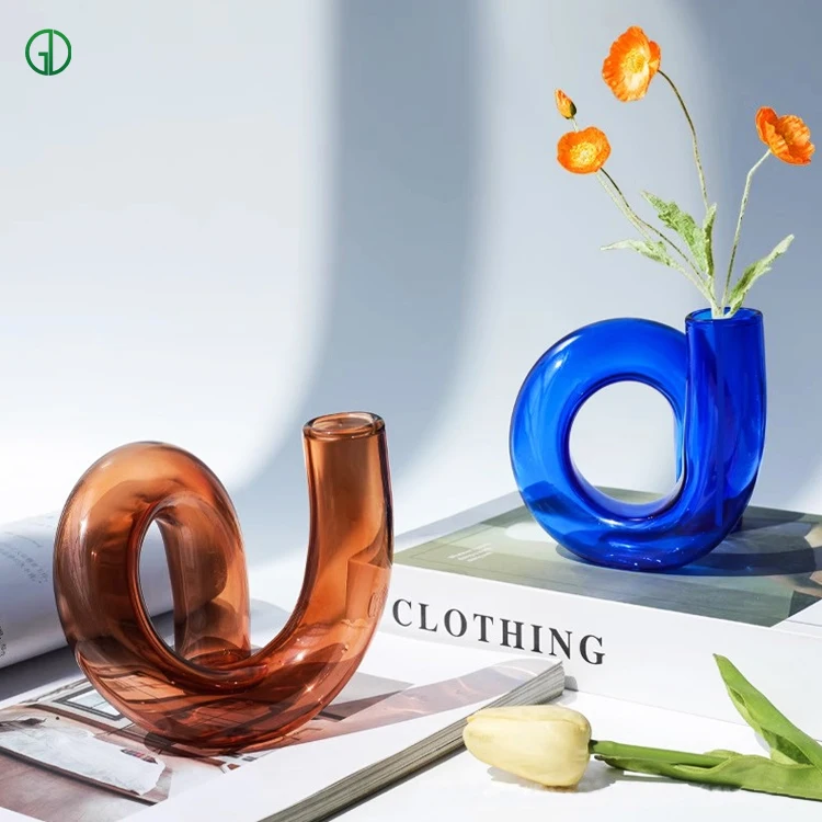 Creative Irregular Curving Tube Glass Vase Household Art Decoration Colored Hand Made Candlestick Glass Vase Flower Vase