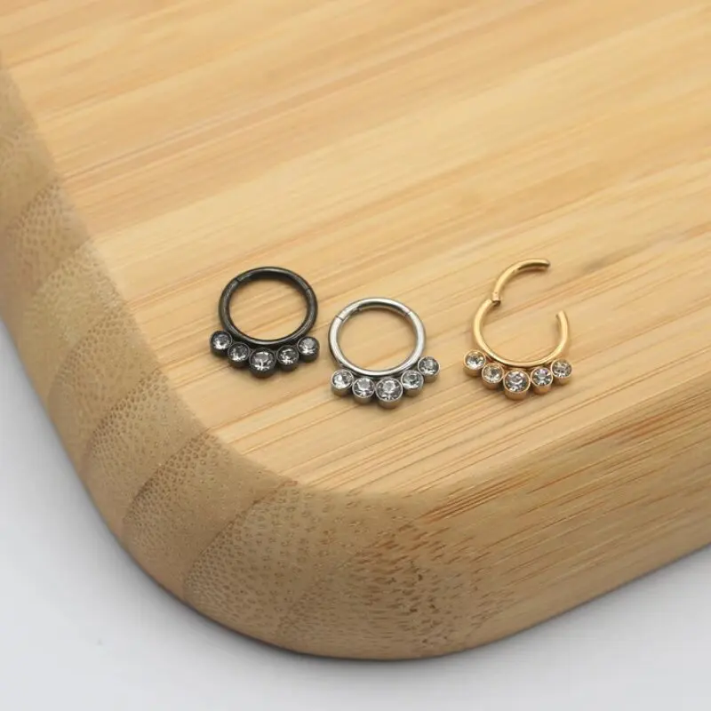 G23 Implant Grade Astm F136 Titanium Bezel Set 5 Jewelled Hinged Clicker Ring Earrings Septum Nose Hoop Piercing