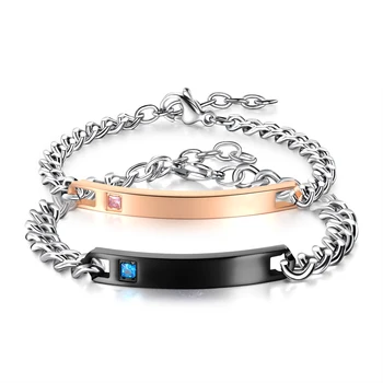 Black and Rose Gold Couple Stainless Steel Blank Bracelets with Crystal Diamond