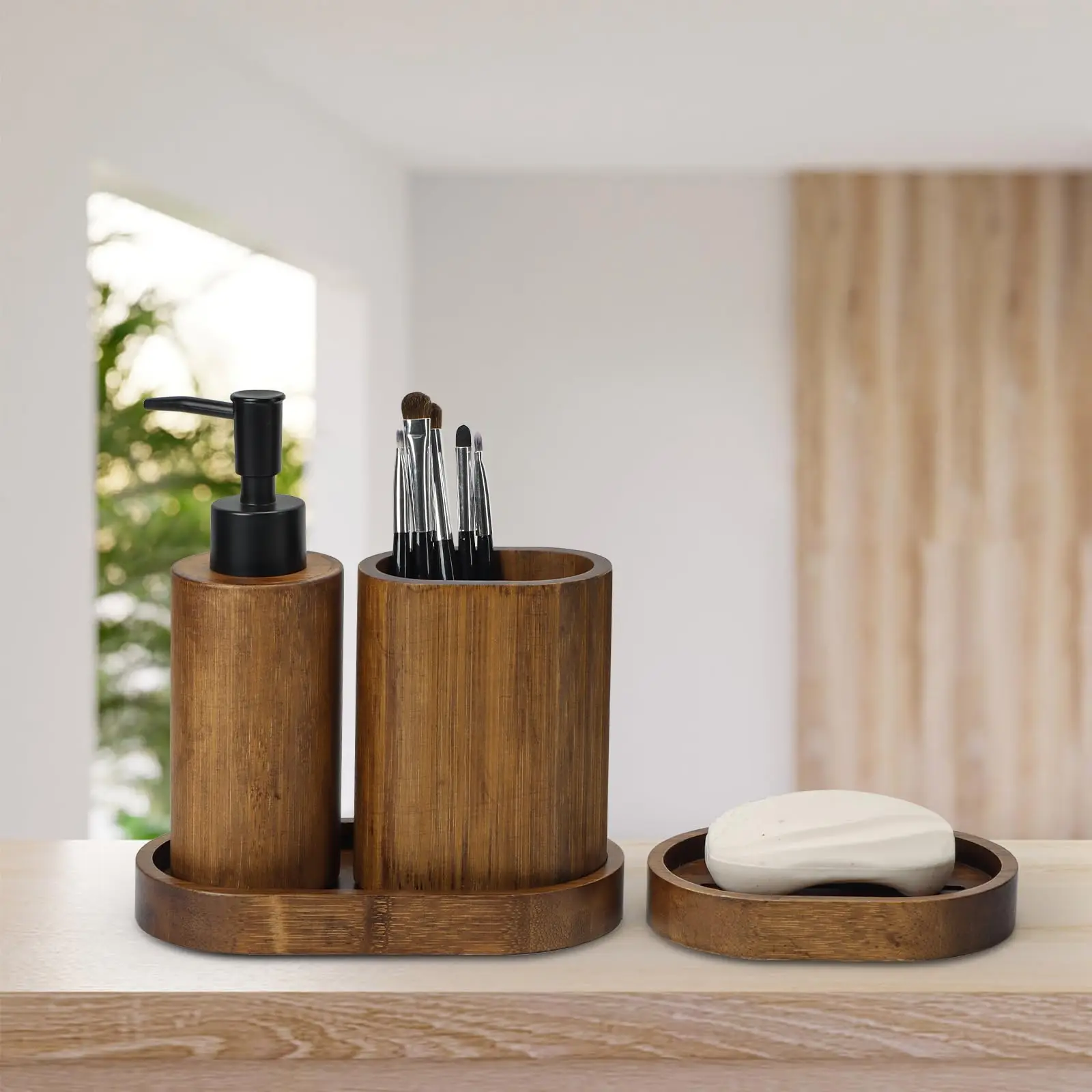 product zc custom village carbonized bamboo soap box soap dispenser holder tray mouthwash cup moisture proof bathroom accessories set-8