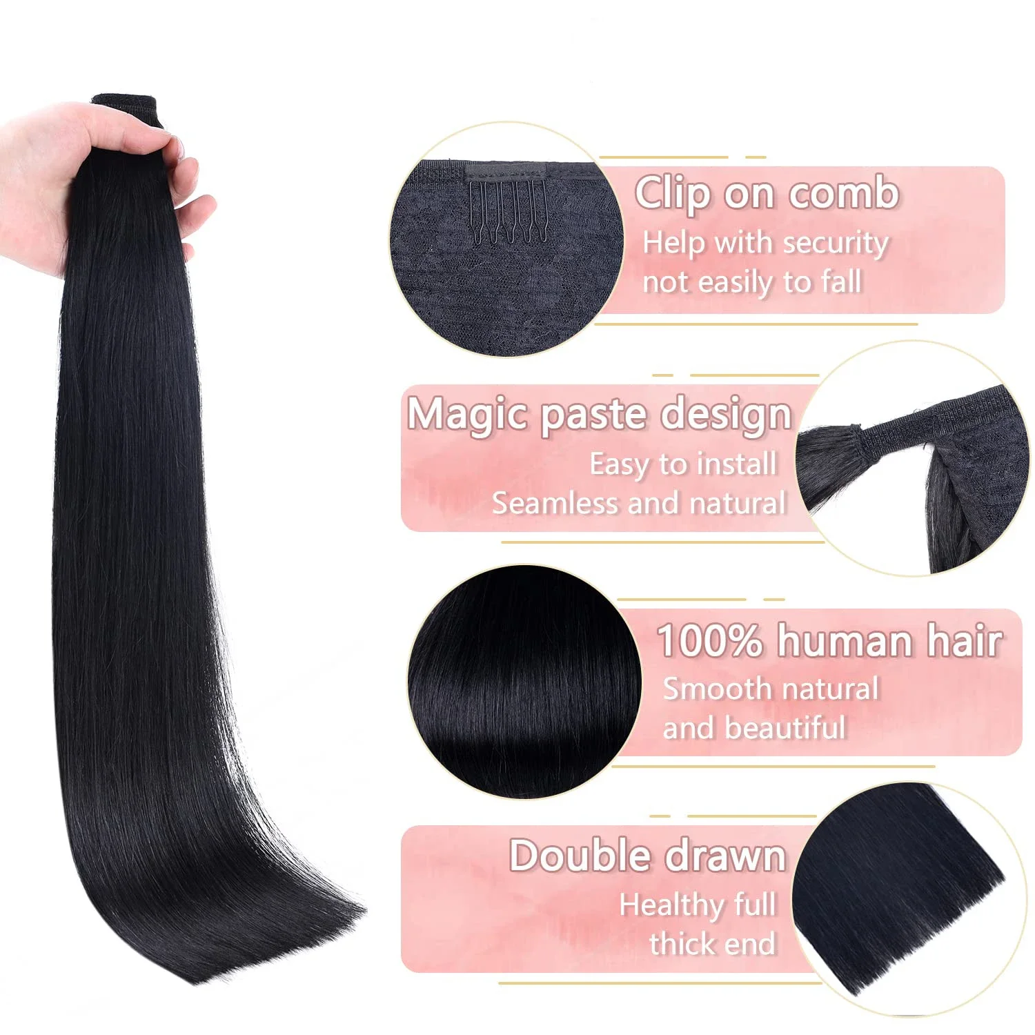 26 tums äkta hårklämma i hästsvansförlängning med omlott långt rakt hästsvanshår för kvinnor_voghion.com