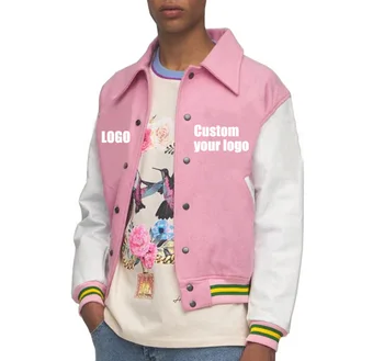 OEM ODM Custom print logo wool patch chenille pink embroidery baseball leather sleeve letterman varsity jacket for men