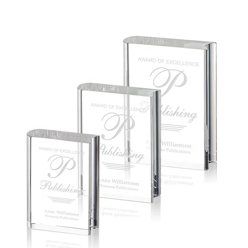 Custom Simple Design Clear Crystal Book Shape Trophy Award Glass Plaque for Quiz Debate Competition Trophy Souvenirs