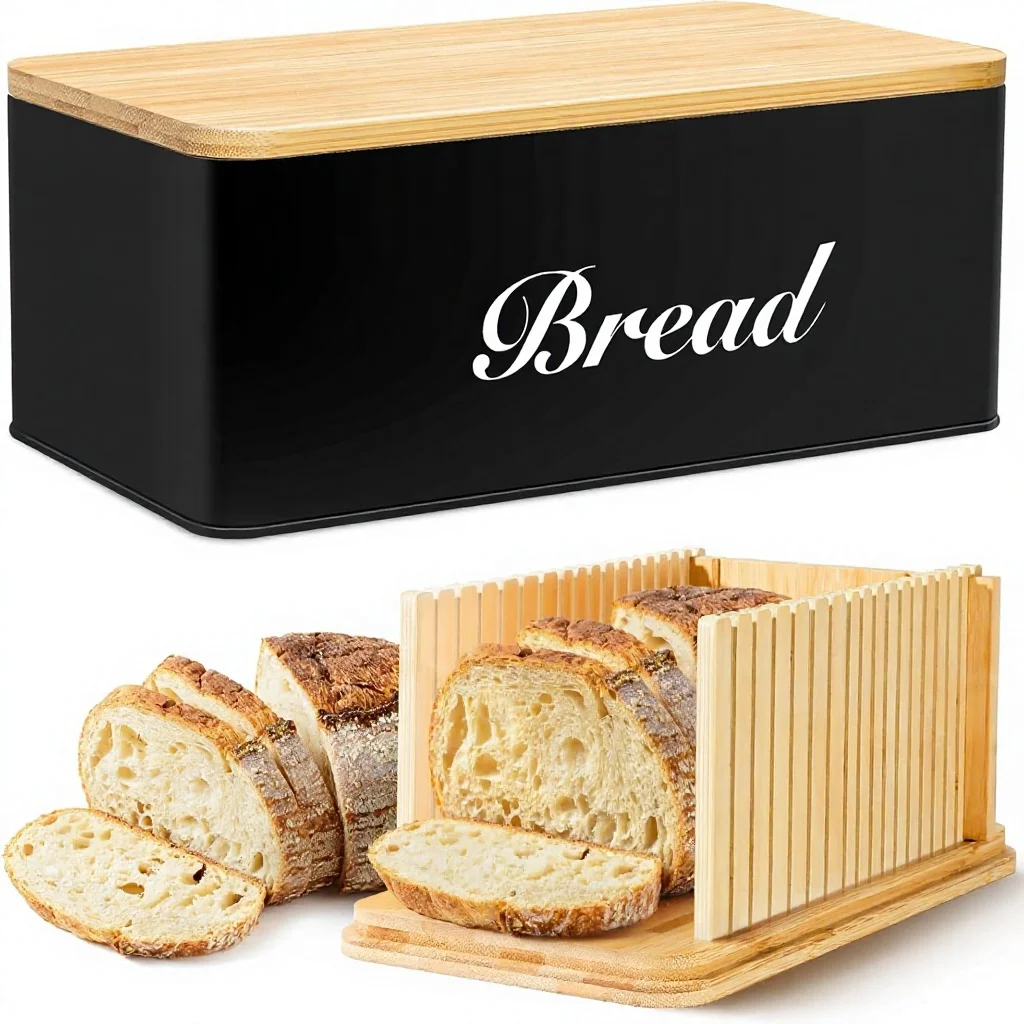 Bread Slicer & Box Black Bamboo & Metal Kitchen Counter Top 3-in-1 Multi Function Storage Container Loaf Slicing Tray
