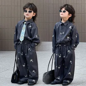 Boys Shirt Pants Set New Casual Children's Clothing with Floral Embroidery Loose Fashion Show Style Children Clothes Wholesale