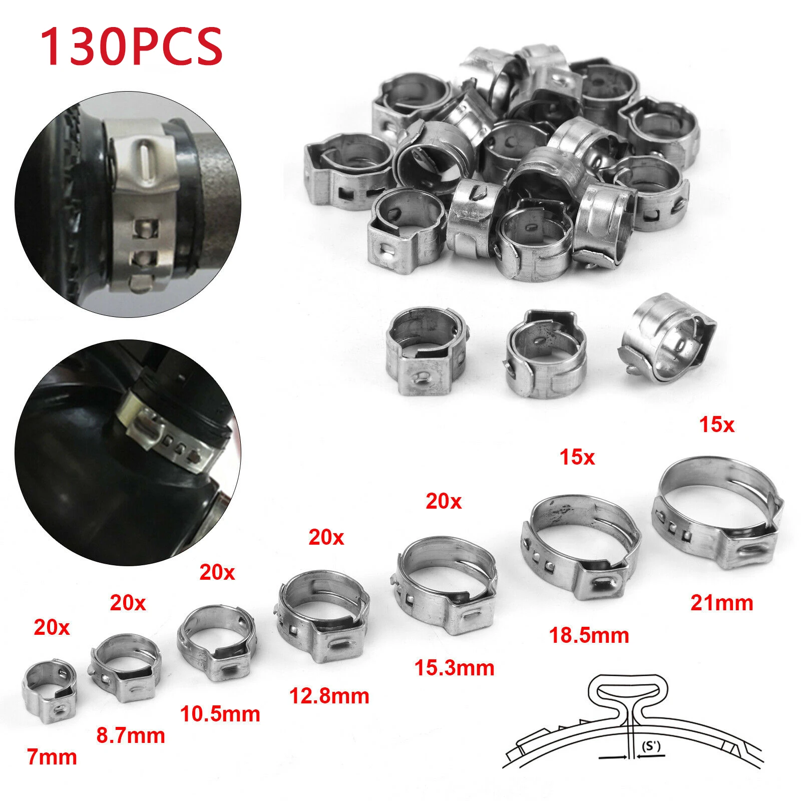 140pcs 304 Stainless Steel Single Ear & Clamp/Ear Hose Clamps Crimping Tool Kit 