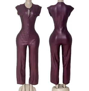 Viviblook Z1211JP New Women's Bodycon Jumpsuits Ladies Elegant Sleeveless Leather Casual Plus Size Cargo Jumpsuit