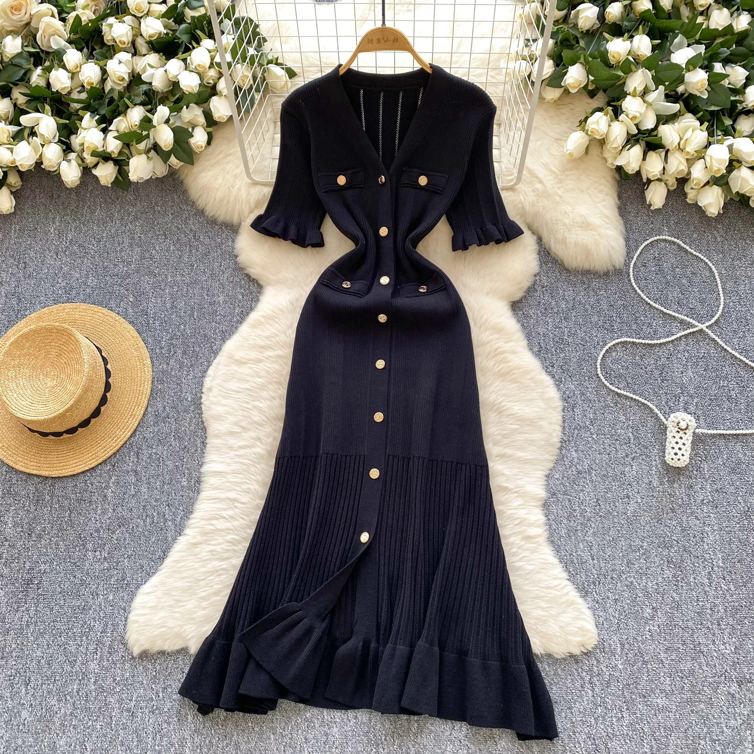 long dresses for ladies Dresses for Ladies LW1367 Vintage-Inspired Women'S Knit Dress With Flounce Hem