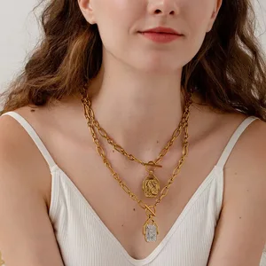 Women's Trendy 18K Gold Plated Stainless Steel Moon Square Pendant Necklace Geometric Link Chain Fashion Jewelry Gift N69