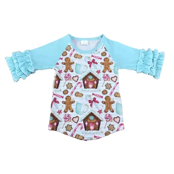RTS fall kids top long ruffle Christmas Gingerbread Man top baby girls wholesale boutique tops