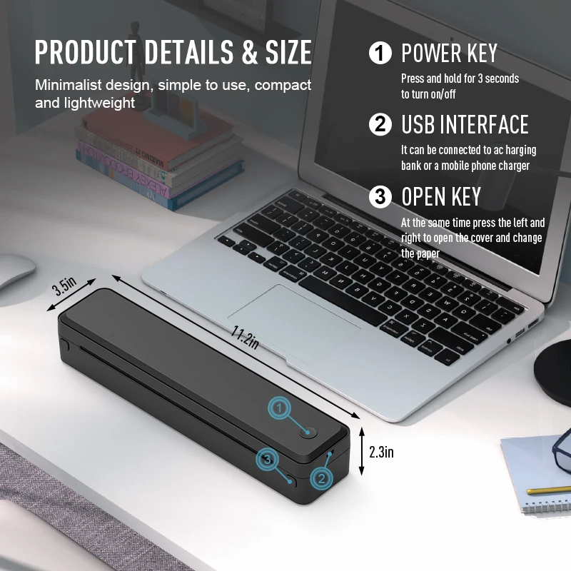 U8 A4 Portable Wireless Thermal Printer - Compact Bluetooth Mini