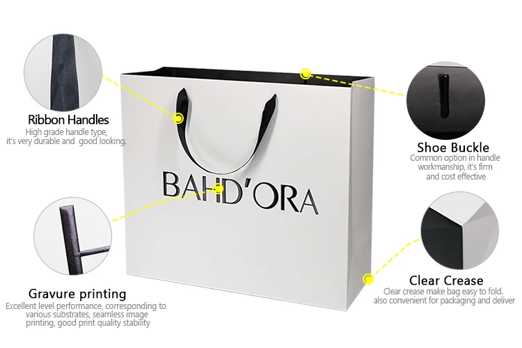 Matte Laminated Black Packaging Paper Bag with White logo Ribbon Handle ...