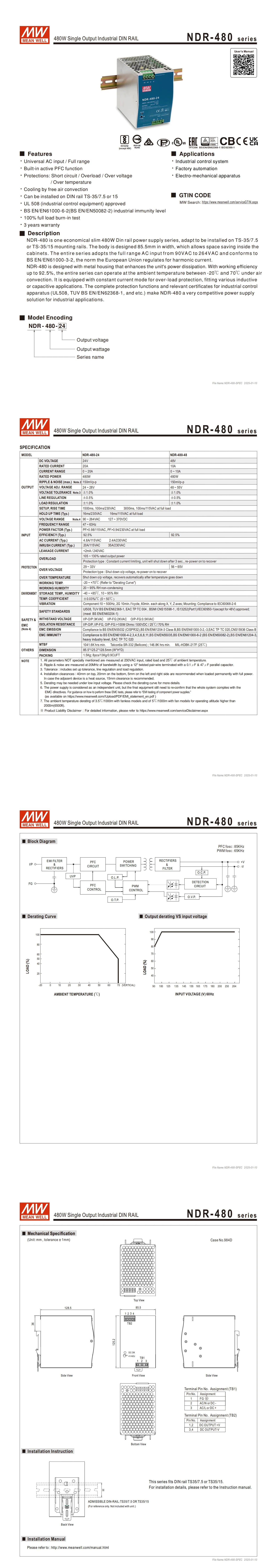 Mean Well NDR-75/120/240/480 12V 24V 48V Din Rail Power Supply 75W 120W 240W 480W 5A 10A 20A Meanwell Switching Power Supply
