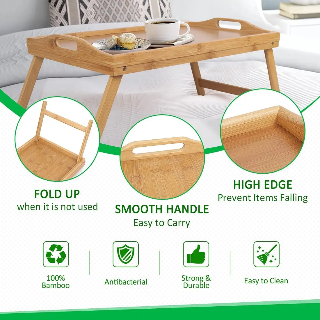 Eco Friendly Bed Tray With Folding Legs,bamboo Bed Table Breakfast 