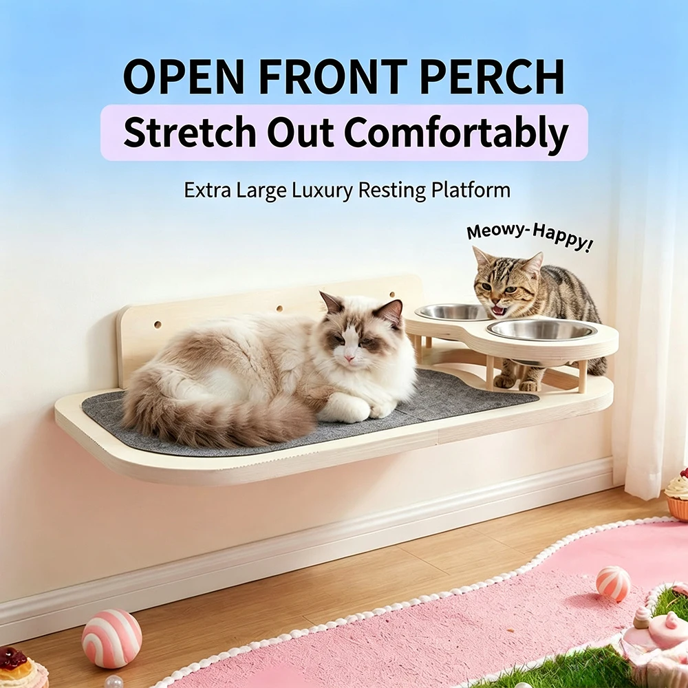 Wall Hanging Wooden Cat Furniture Combination Sleeping Platform Double Feeder Bowl Wall Scene Decor Multi-function