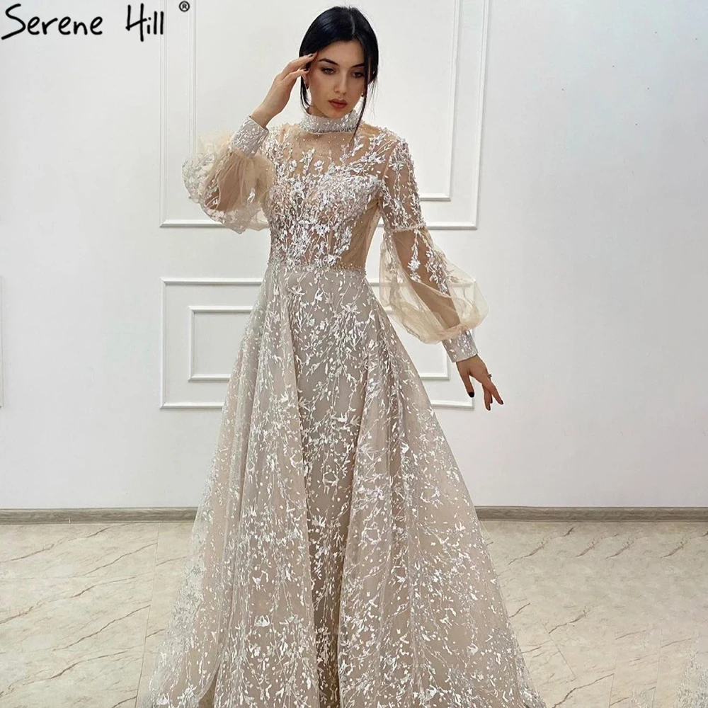 Beige High Neck Muslim a Line Formal Evening Gowns Serene Hill LA71196 Long Arms Wedding Party Dresses for Women Beige High Neck Muslim a Line Formal Evening Gowns Serene Hill LA71196 Long Arms Wedding Party Dresses for Women