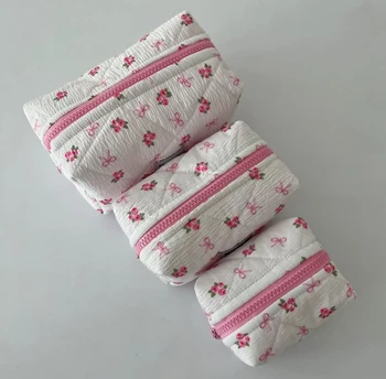Vintage Floral Quilted for Pink Rose & Bow Makeup Bag Cute Cosmetic Pouch for Travel & Daily Use