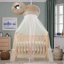 Pink Round Design Baby Mosquito Net Folded Polyester Top for Crib with Metal Stands for Children's Bedroom