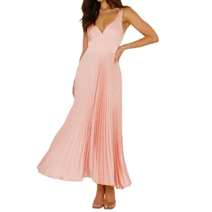 Elegant Women's Pleated Casual Maxi Dress Elastic Cross Backless Hollow Sleeveless Ruched Solid for Summer Vacation Style