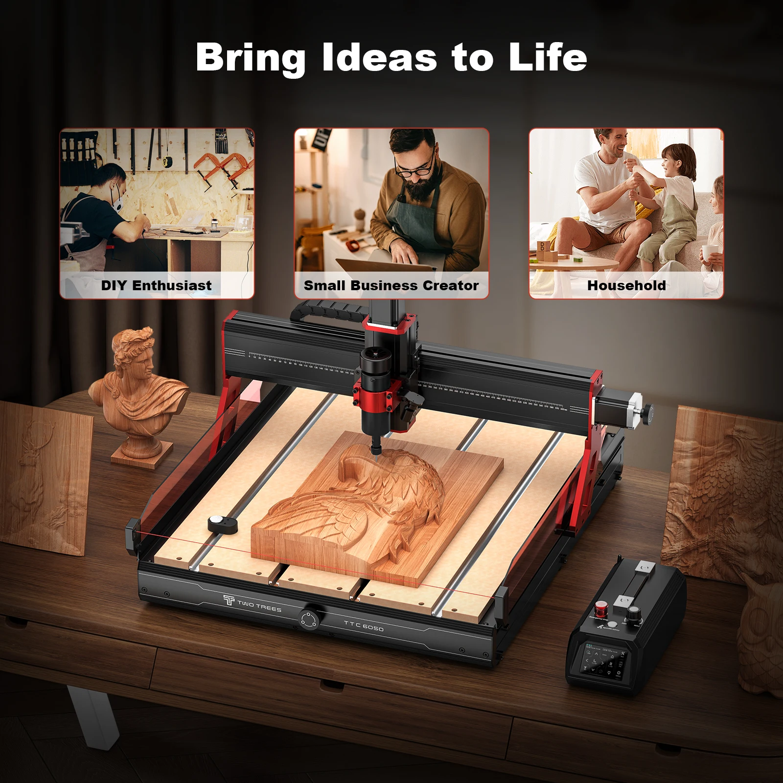 Twotrees OEM 6050 CNC Wood Nesting Router Machine 4 Axis with Motor and Bearing NC Studio Control for Modern Wood Door Designs