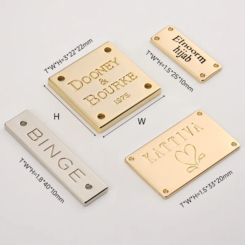 Design Brand Logo Engraved Metal Label Tag Gold Bag Garment Sewing Hole Logo Metal Clothing Label Custom Metal Tags for Swimwear