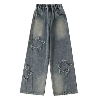 Girls' jeans spring and autumn 2024 New fashionable western style children's loose wide-leg pants retro autumn pants