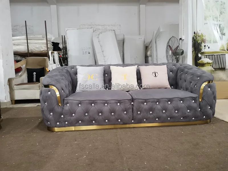 Luxury High End Velvet Chesterfield Lounge Sofa Modern New Design 3 Seat Large Velvet Sectional