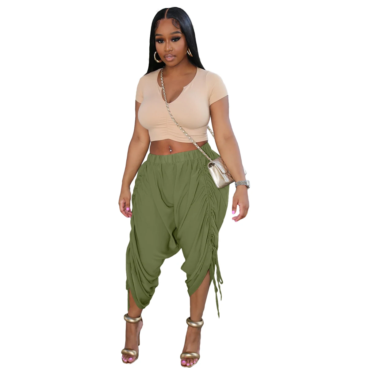 2022 Fall Solid Color Casual Loose Drawstring Capri Pants Cropped Pants Women