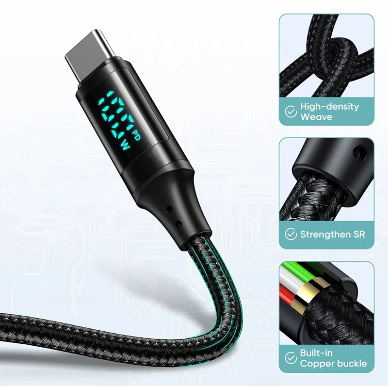 PD 100W 66W Nylon Braided USB-Type C LED Display Charger Data Cable 5A Fast Charging PVC Jacket USB C Phone Fast Charging Cable