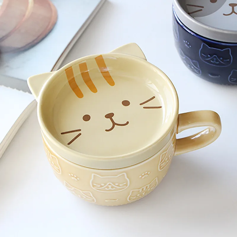 Porcelain cute mugs ceramic cat lover coffee tea mug with lid breakfast set coffee mug