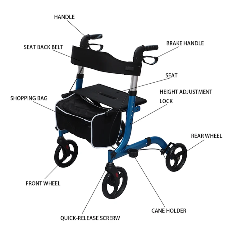 HCT-9123 Lightweight Medical Device Aluminum Patient Walking Aid Wheelchair Rollator Walker for Elderly with Seat